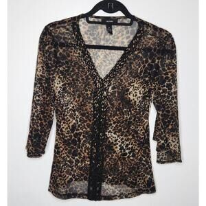 Alfani Shirt Womens XS Leopard Animal Print Sheer V Neck Beaded Boho Party Top